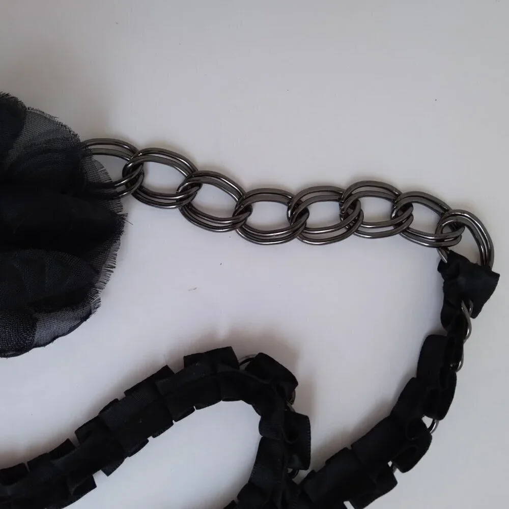 Black Dahlia Flower Taffeta Ruffle Over Gunmetal Chain Bead Belt